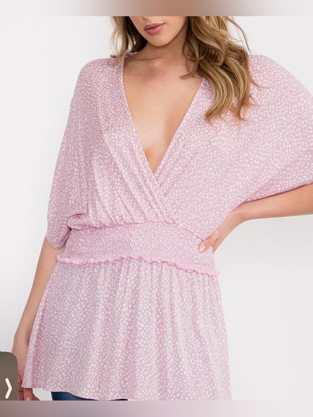 Light Pink V-Neck Smocked Waist Blouse